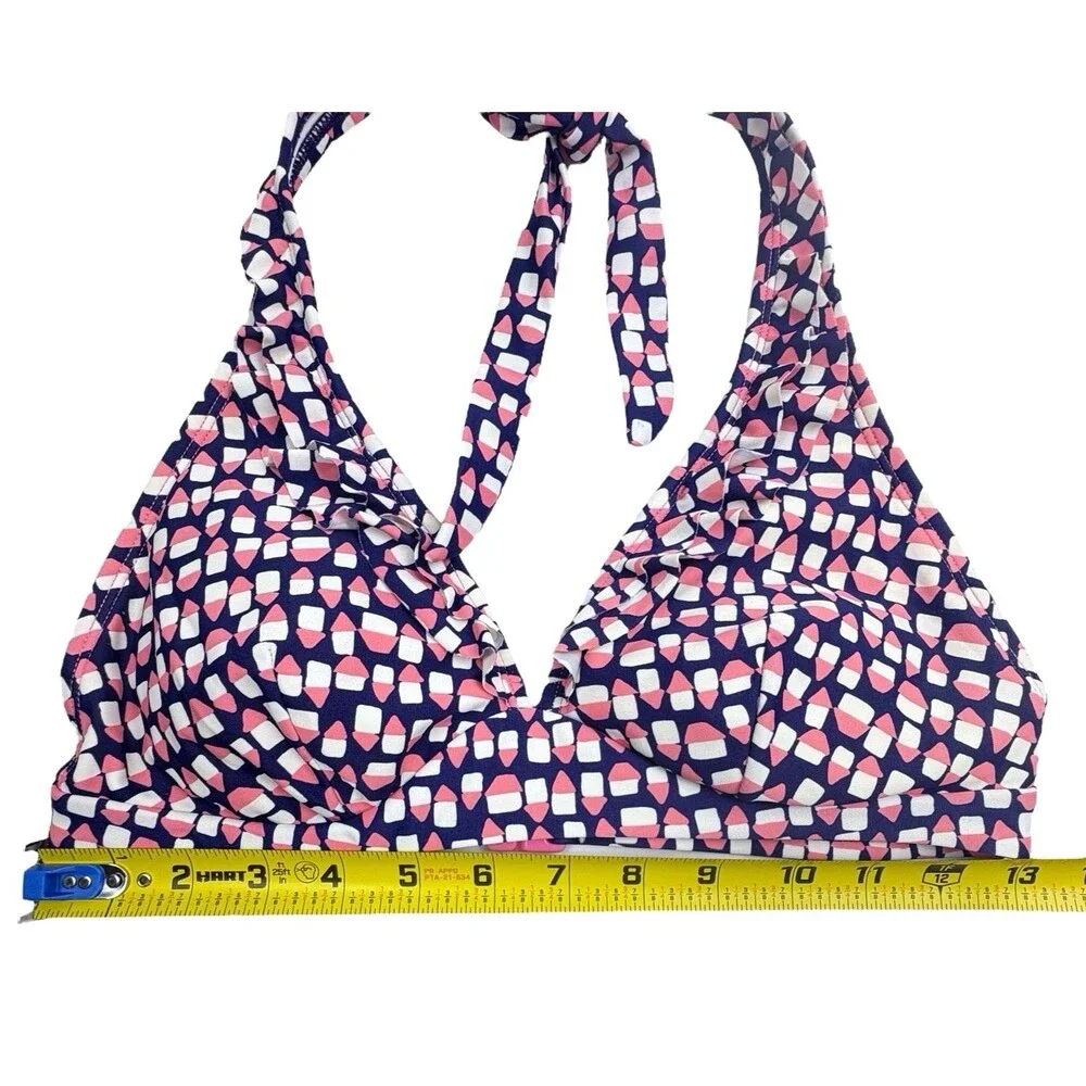 Boden Ruffle Halter Bikini Swim Top Pink Navy Geo Print US 6 Resort Beach